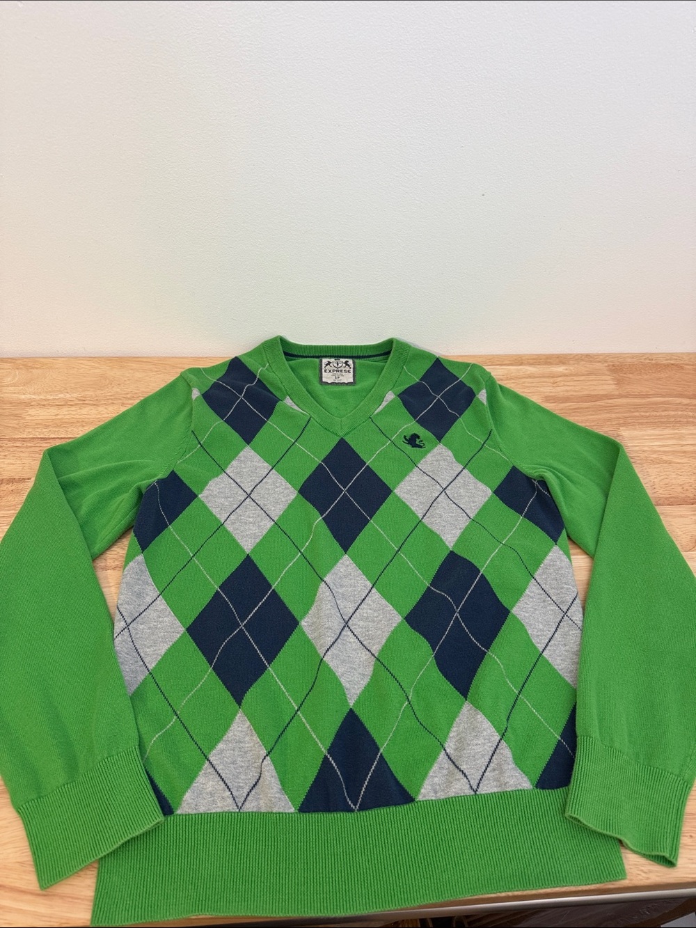 Express Green Argyle V-Neck Sweater with Navy and Gray Diamonds